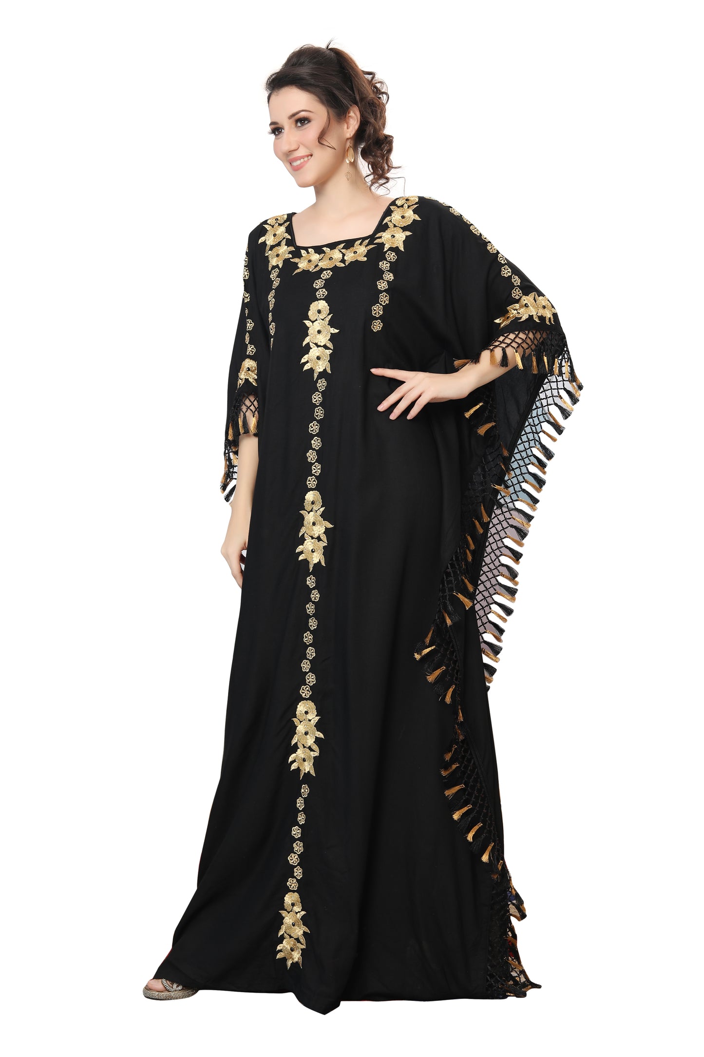 Designer Caftan Black Rayon Gown with Tassels - Maxim Creation