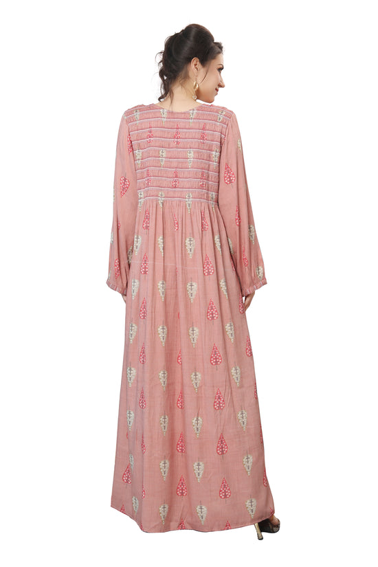 Long Kaftan Gown with Gathering in Pink - Maxim Creation