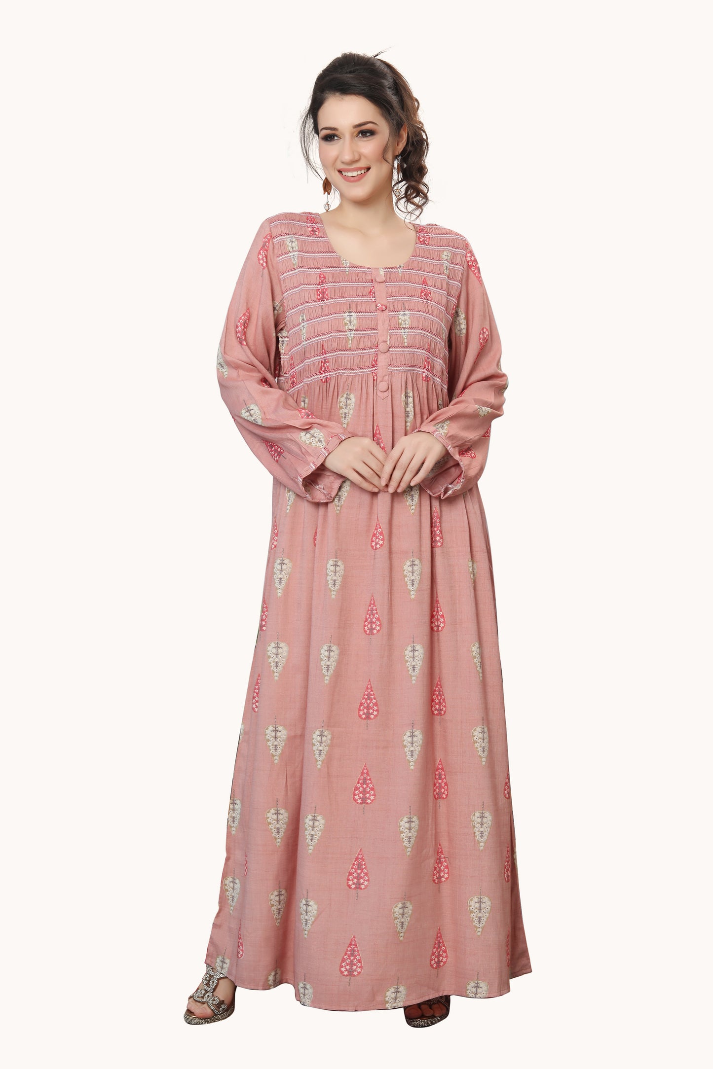 Long Kaftan Gown with Gathering in Pink - Maxim Creation