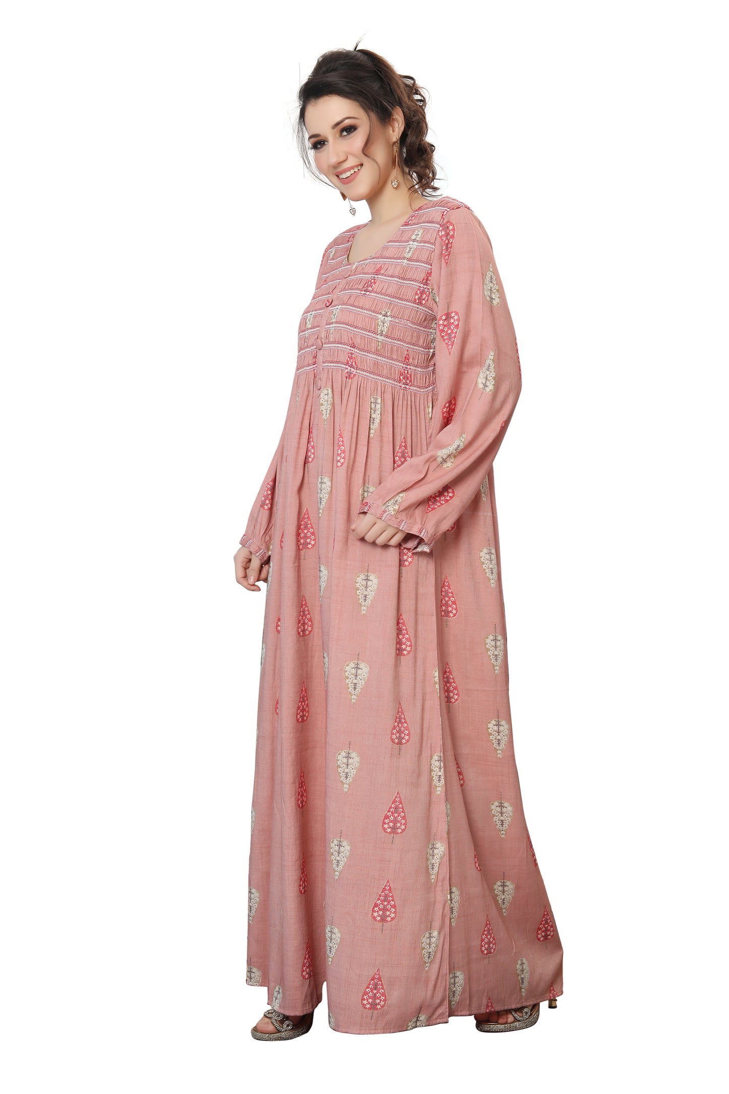 Long Kaftan Gown with Gathering in Pink - Maxim Creation