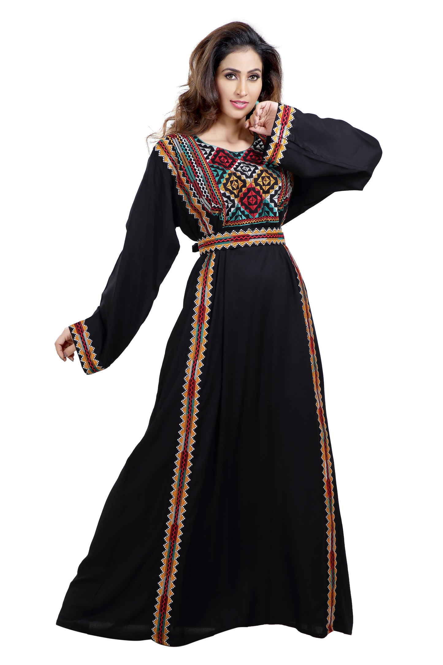 Multicoloured Cross-Stitch Threadwork Embroidery Kaftan - Maxim Creation