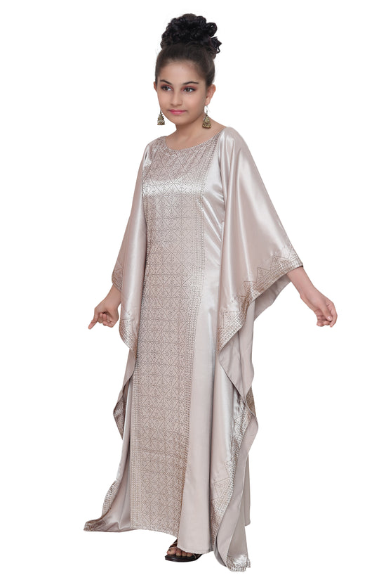 Beige Satin Maxi Dress For Kids - Maxim Creation