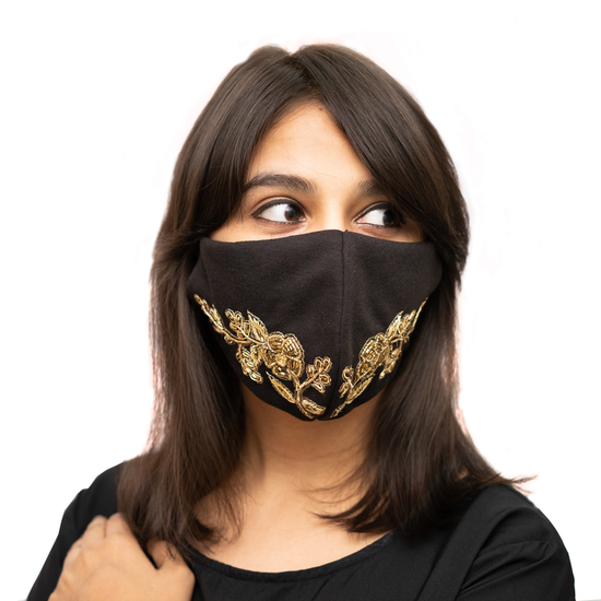 Black Coloured Cotton Face Mask with Petal Textured Embroidery - Maxim Creation