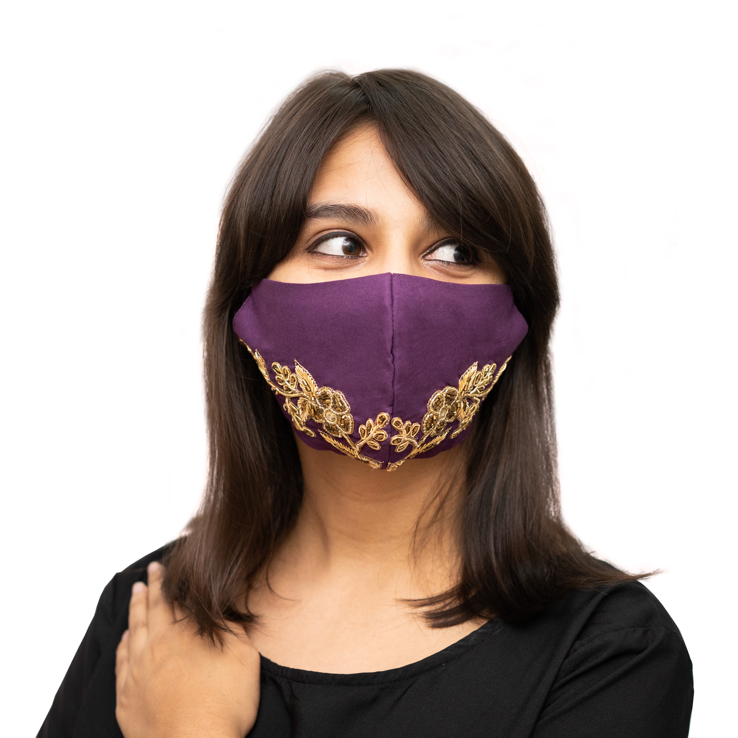 Floral Embroidery on Purple Coloured Cotton Face Mask - Maxim Creation