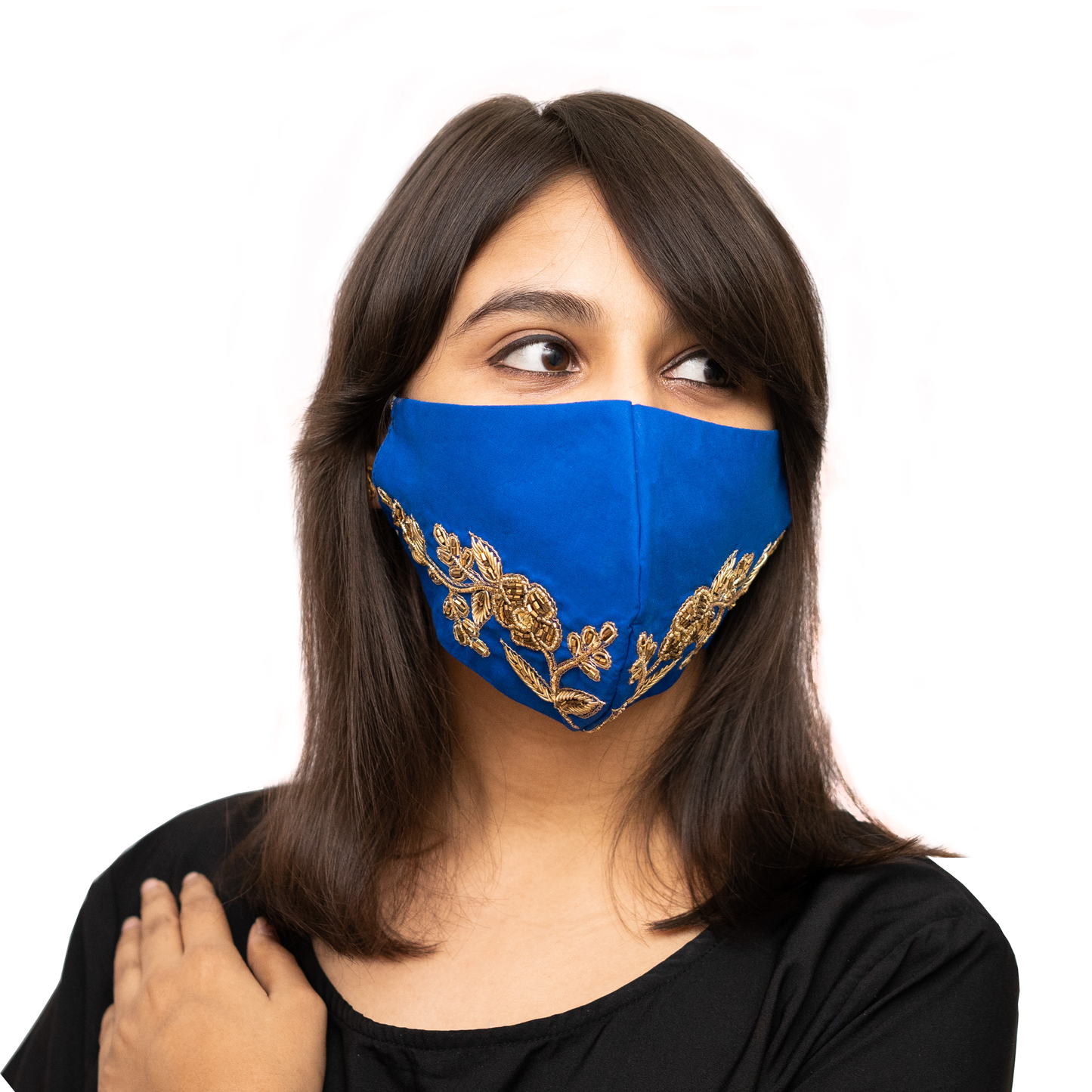 Petal Textured Embroidery on Royal Blue Cotton Face Mask - Maxim Creation