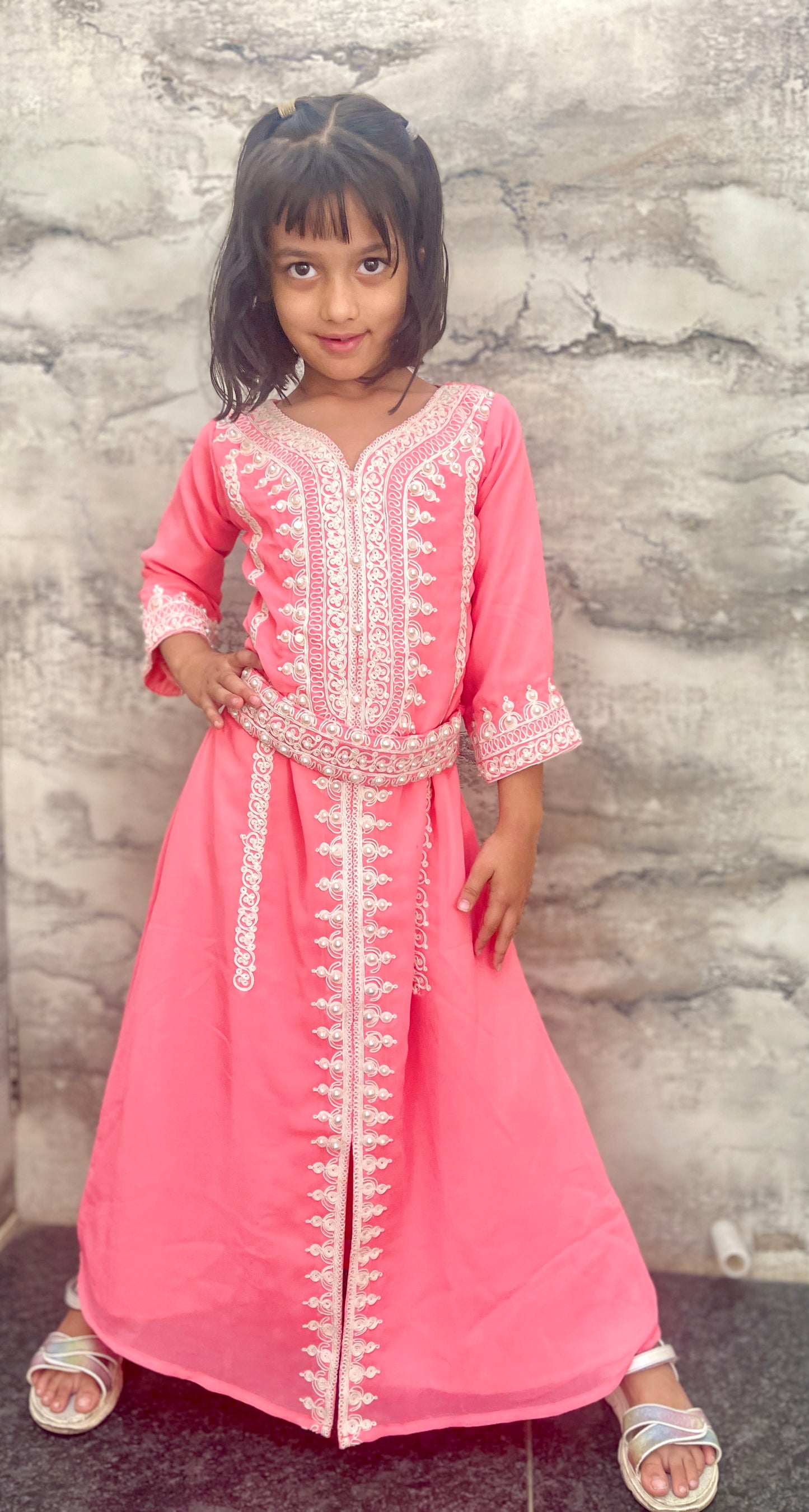 Designer Caftan Thread Embroidered Maxi Dress For Kids