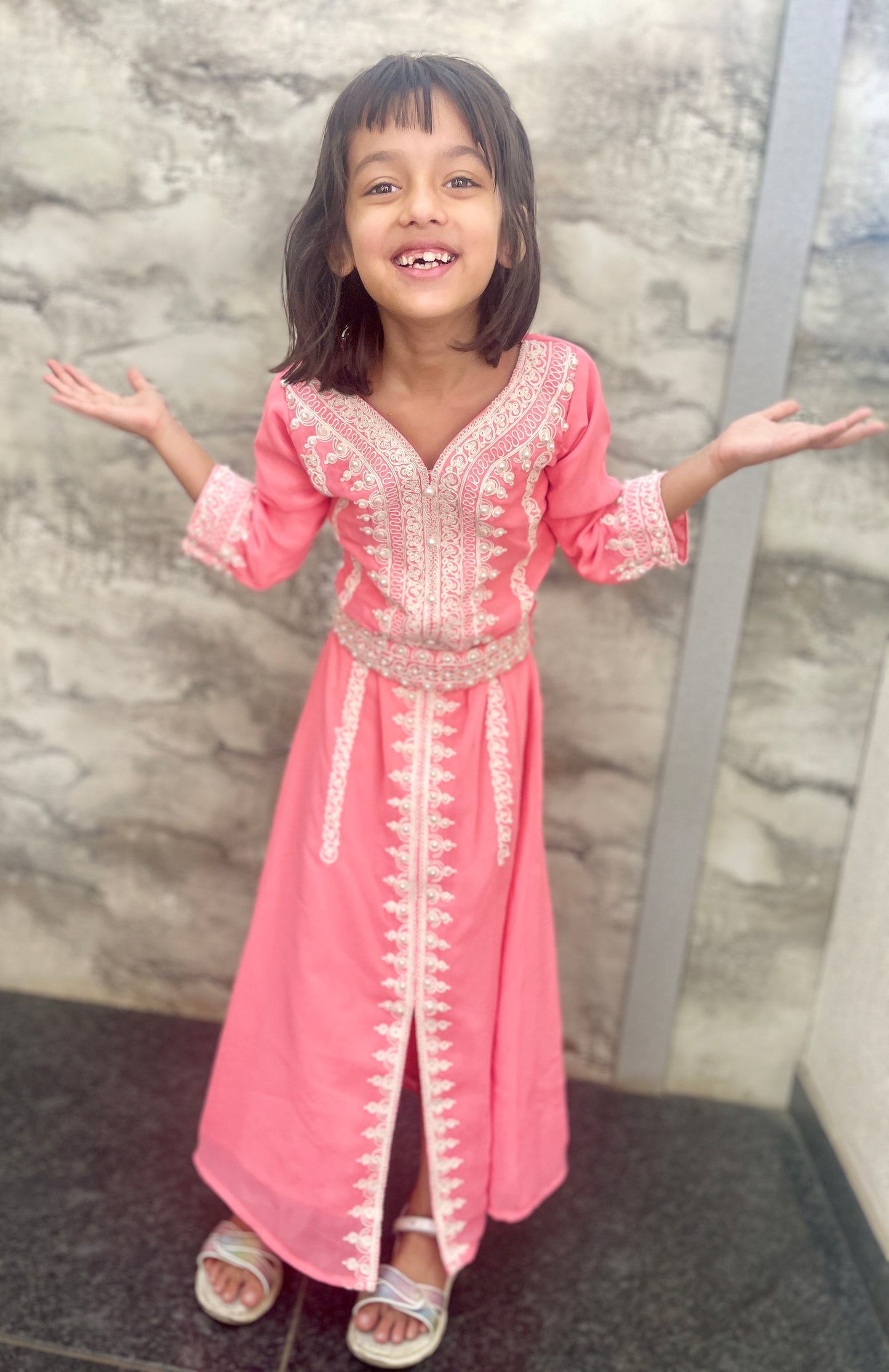 Designer Caftan Thread Embroidered Maxi Dress For Kids