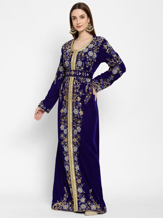 Designer Kaftan Bridal Gown in Royal Blue Velvet - Maxim Creation