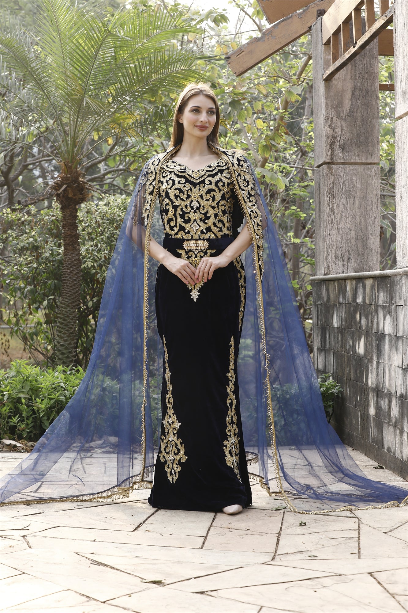 Crystal Hand Work & Beads Caftan Velvet Ball Gown