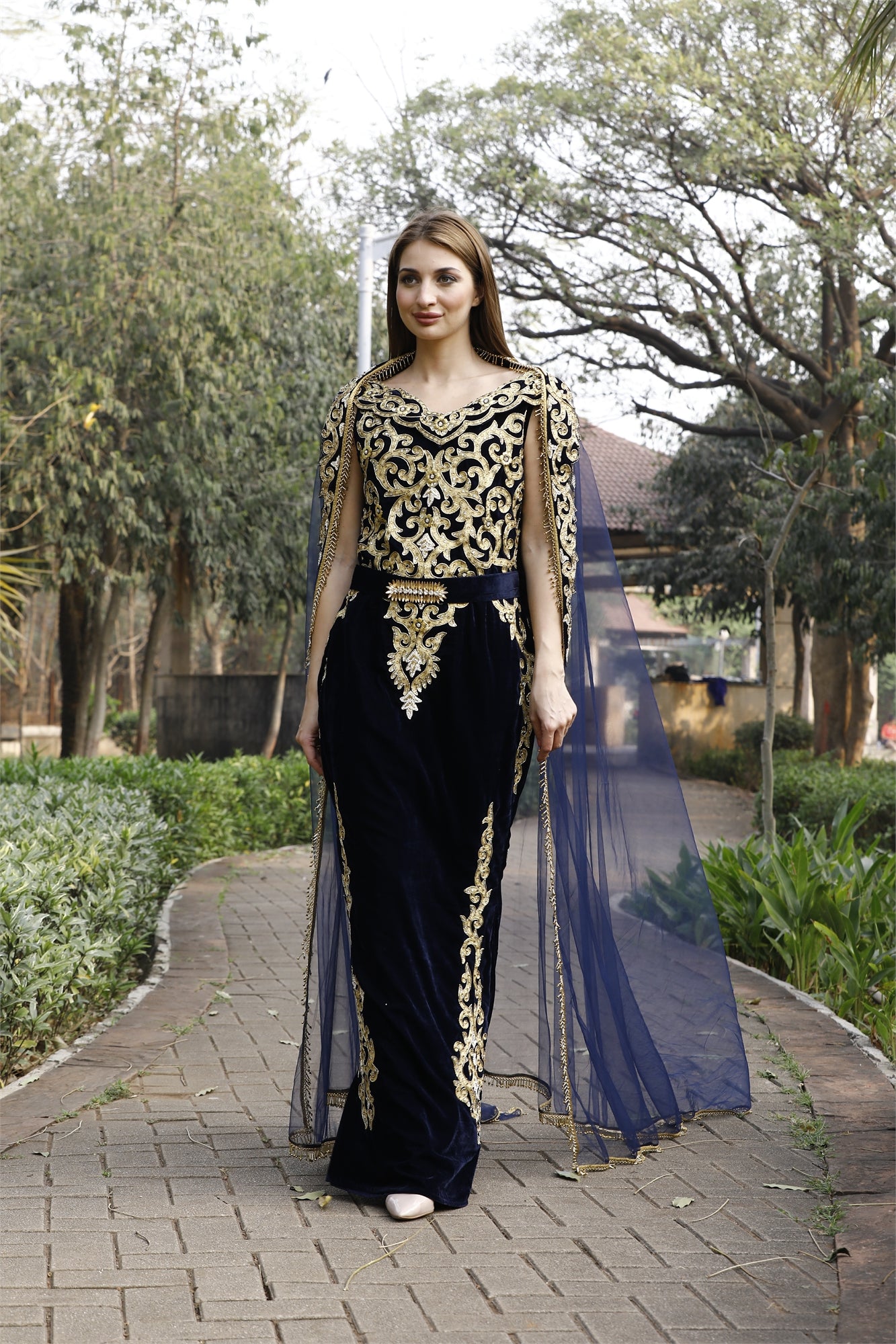 Crystal Hand Work & Beads Caftan Velvet Ball Gown