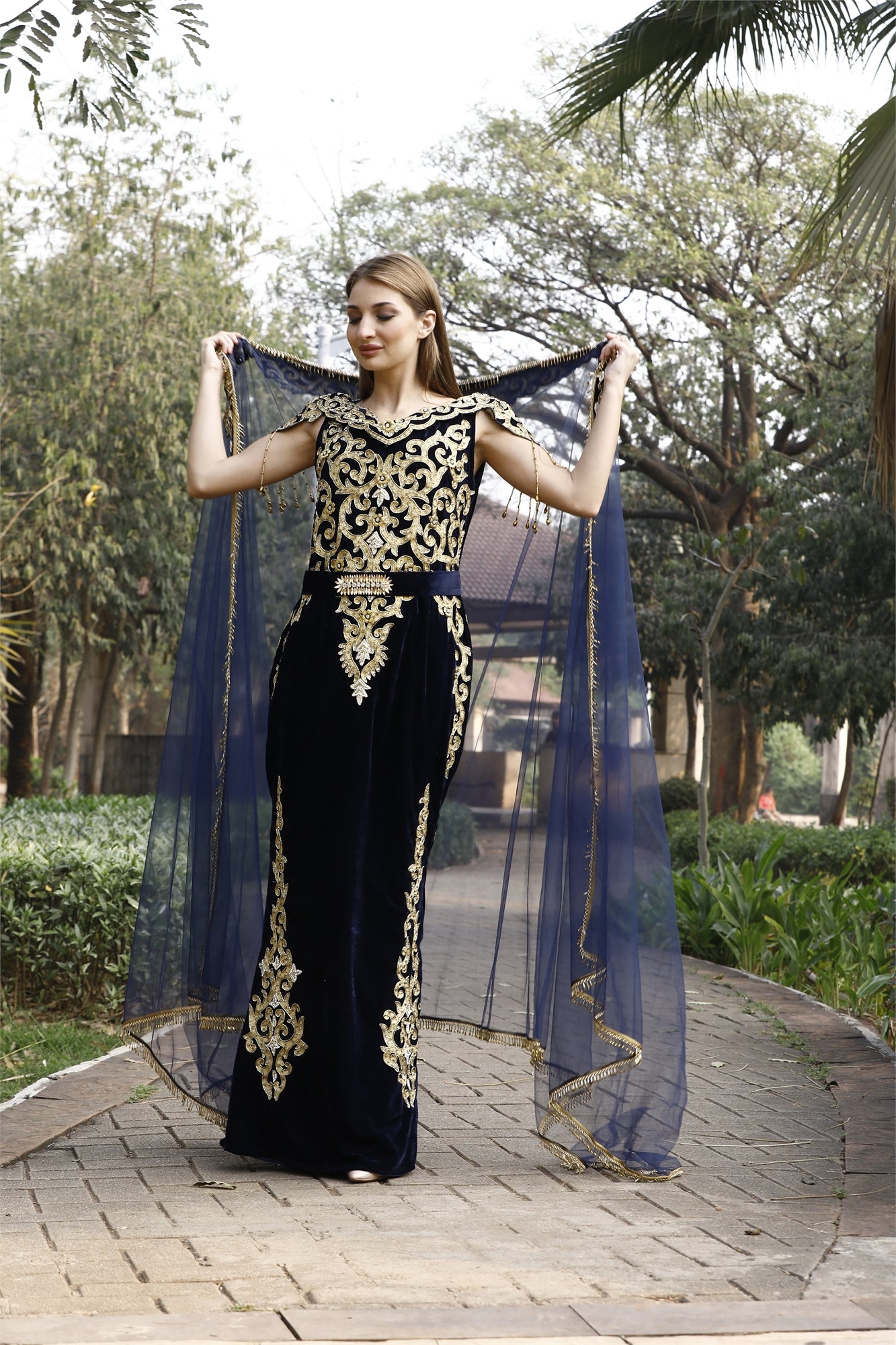 Crystal Hand Work & Beads Caftan Velvet Ball Gown