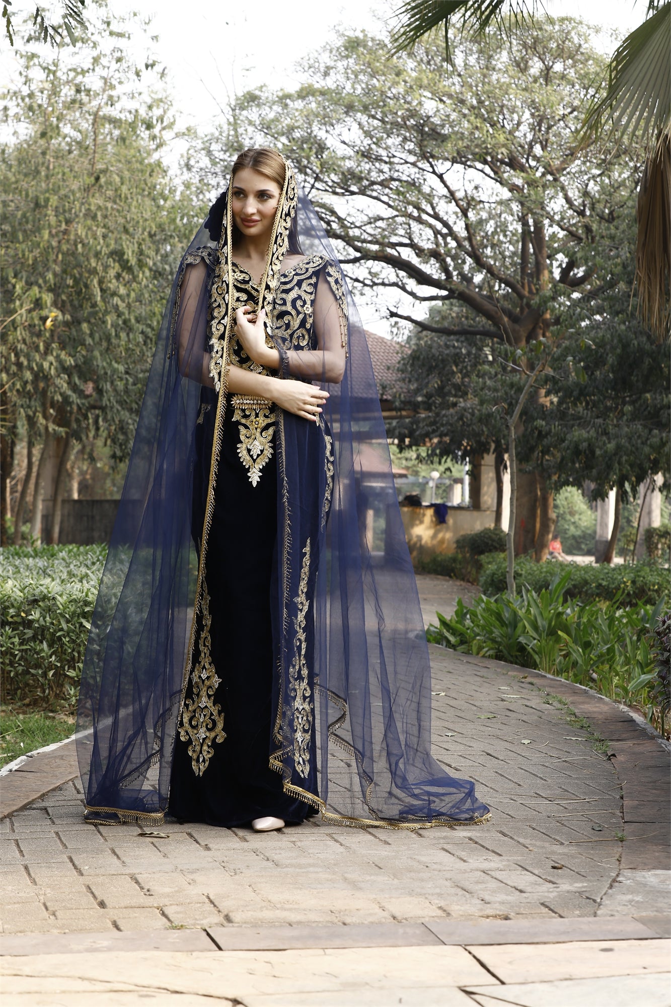 Crystal Hand Work & Beads Caftan Velvet Ball Gown