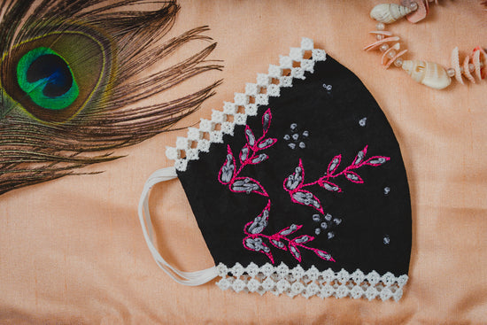 Black Coloured Cotton Lace Face Mask with Floral Thread Embroidery - Maxim Creation