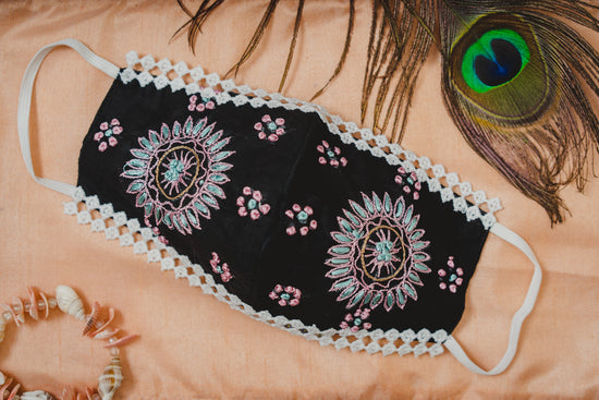 Black Coloured Cotton Face Mask with Lace and Sun Flowered Embroidery - Maxim Creation