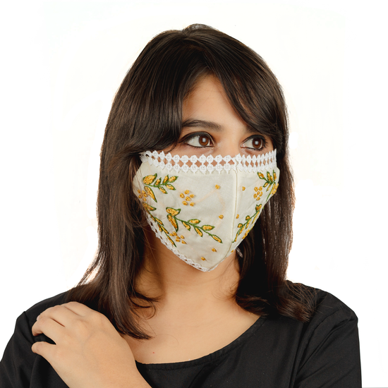 Cream Coloured Cotton Lace Face Mask with Floral Thread Embroidery - Maxim Creation