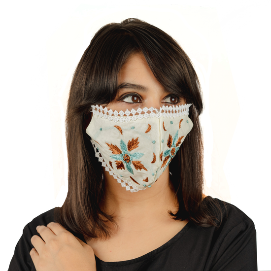 Geometrical Floral Embroidery on Cream Cotton Face Mask with Lace - Maxim Creation