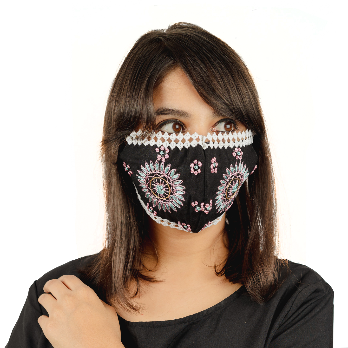 Geometric Floral Embroidery on Cotton Face Mask (Pack of 5 per style) - Maxim Creation