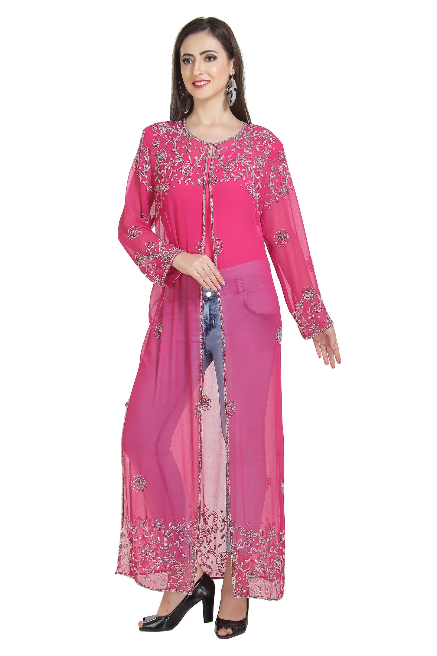 Embroidered Kurti With Crystal Overcoat Long Maxi Dress - Maxim Creation