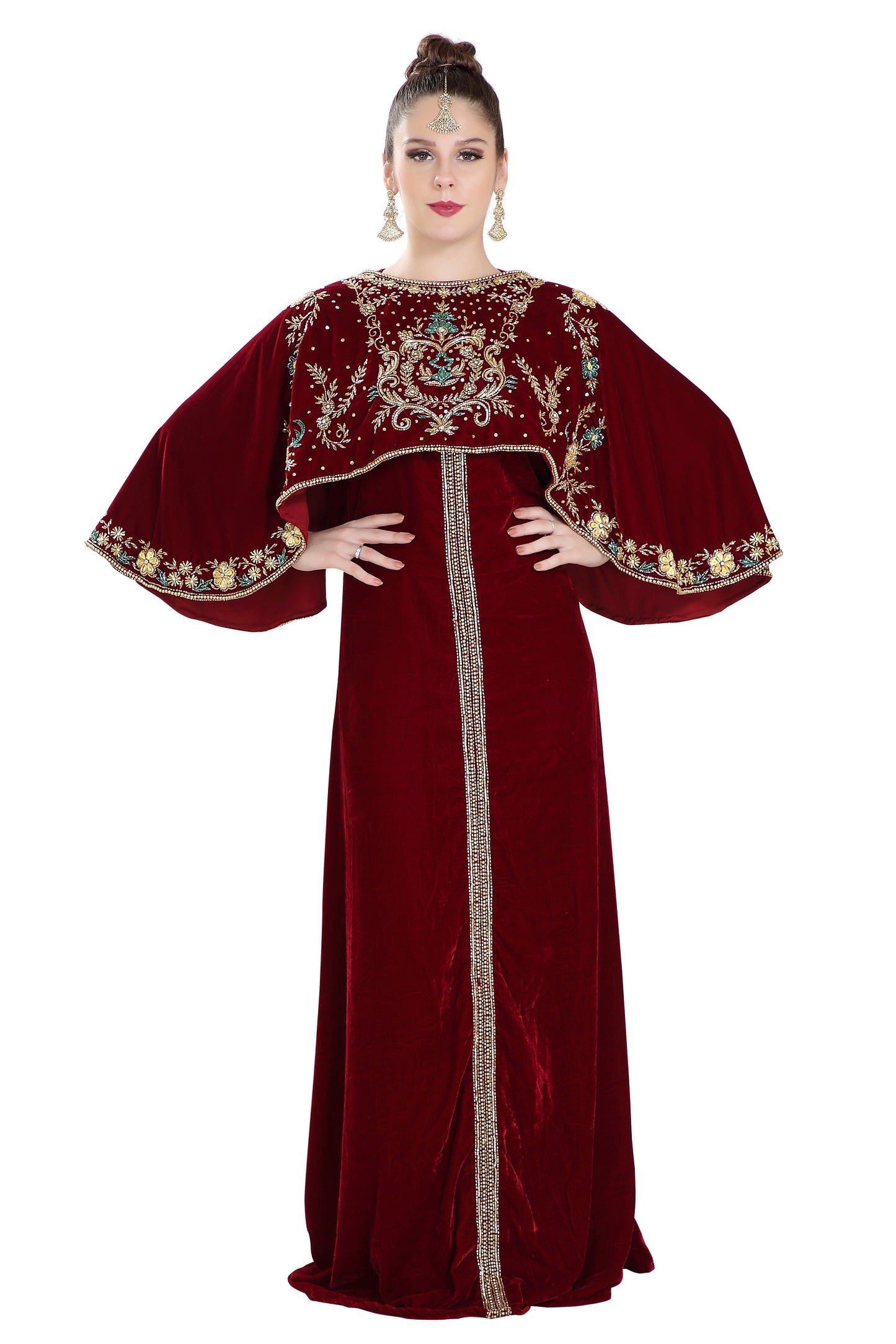 Embroidered Maxi in Maroon Velvet Fabric - Maxim Creation