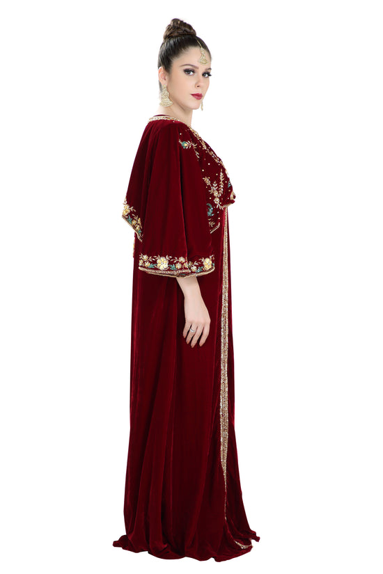 Embroidered Maxi in Maroon Velvet Fabric - Maxim Creation