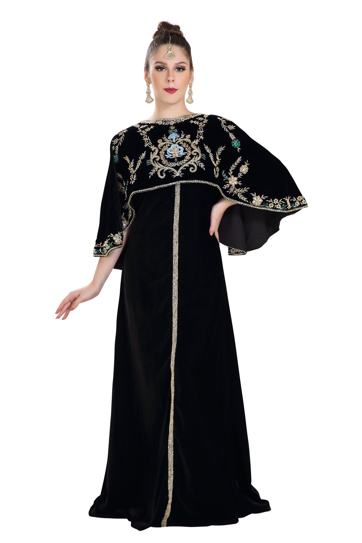 Arabian Kaftan Velvet Fabric with Colorful Crystal Embroidered Dress - Maxim Creation