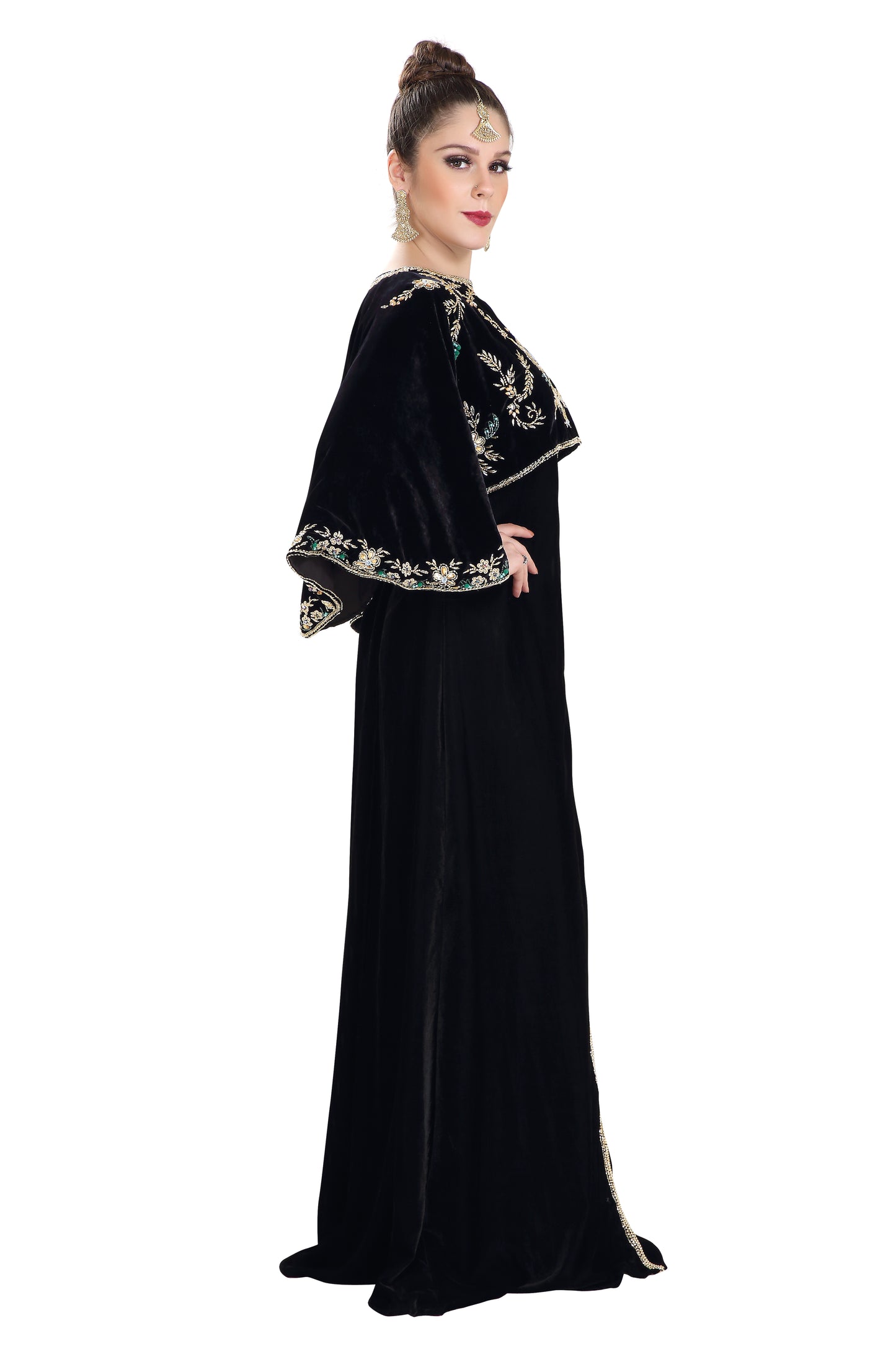 Arabian Kaftan Velvet Fabric with Colorful Crystal Embroidered Dress - Maxim Creation